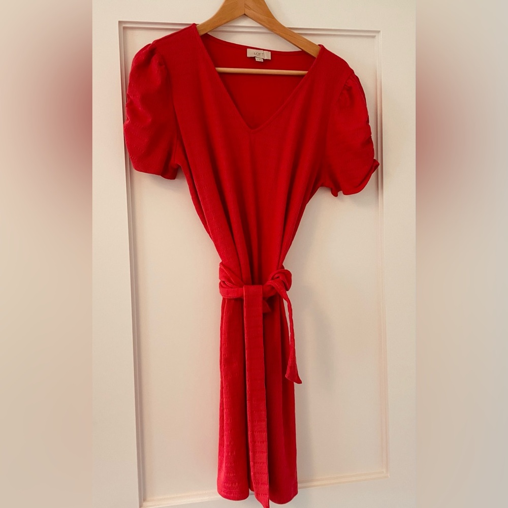 Loft Dress Stretchy Cotton Blend Red Ruched Sleeve V Neck